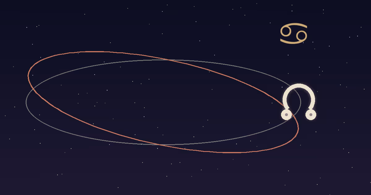 A cream node glyph with a gold Cancer glyph above crossing orbital paths on a navy starfield