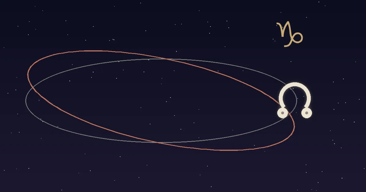 A cream north-node glyph at the ascending crossing of two orbit lines, a gold Capricorn glyph above it on a navy starfield