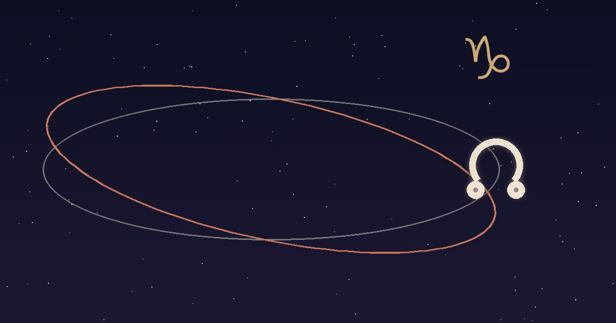 A cream node glyph with a gold Capricorn glyph above two crossing orbit lines