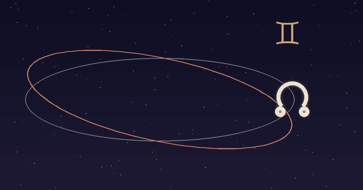A cream node glyph with a gold Gemini glyph above the crossing point of two orbit lines