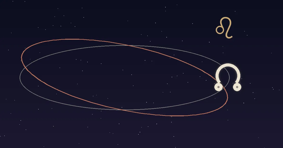 A cream north-node glyph at the crossing of two orbit lines with a gold Leo glyph shining above it on a navy starfield