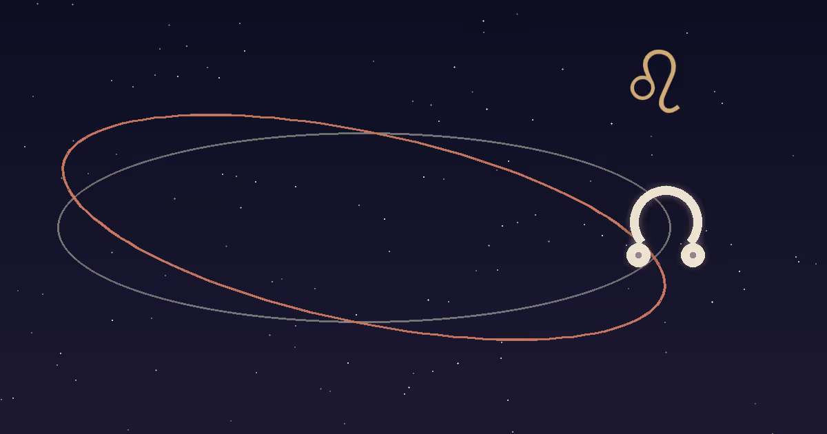 A cream node glyph with a gold Leo glyph above the crossing of two orbit lines on a navy starfield