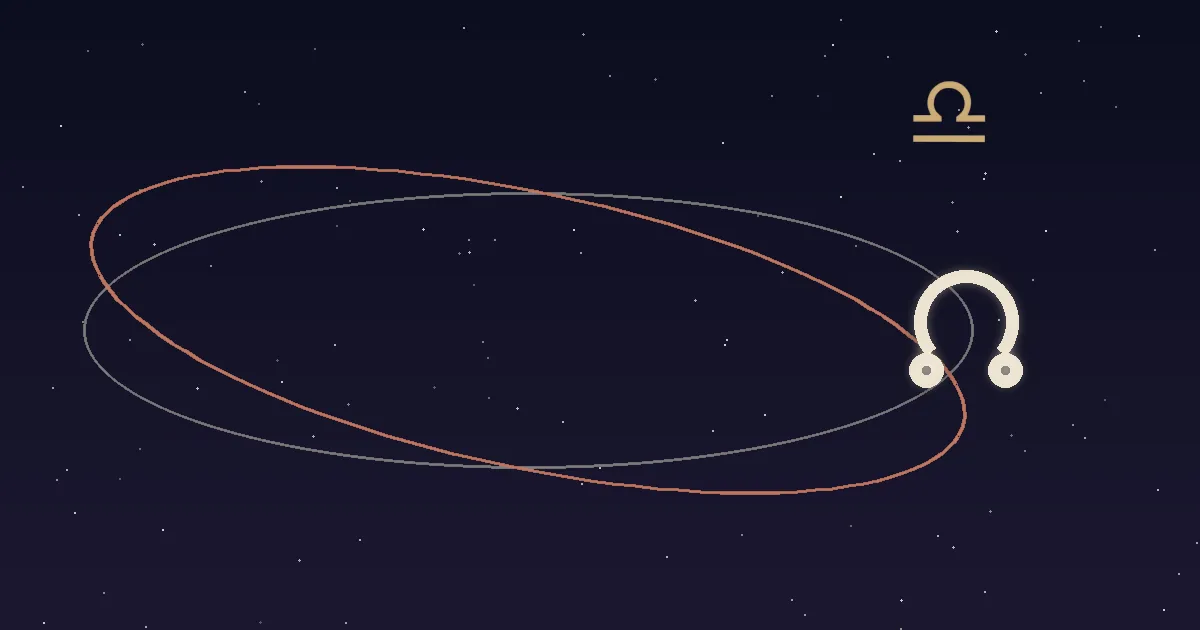 A cream north-node glyph at the ascending node of two crossing orbital paths, a gold Libra glyph above it on a navy starfield