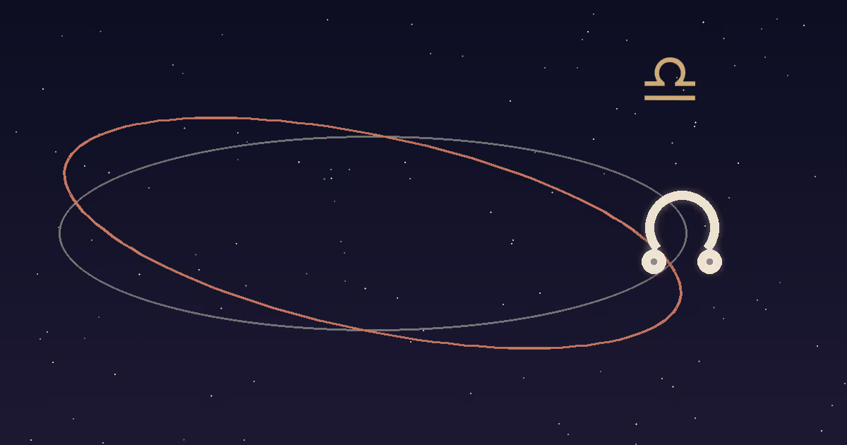 A cream node glyph with a gold Libra glyph above two crossing orbital paths