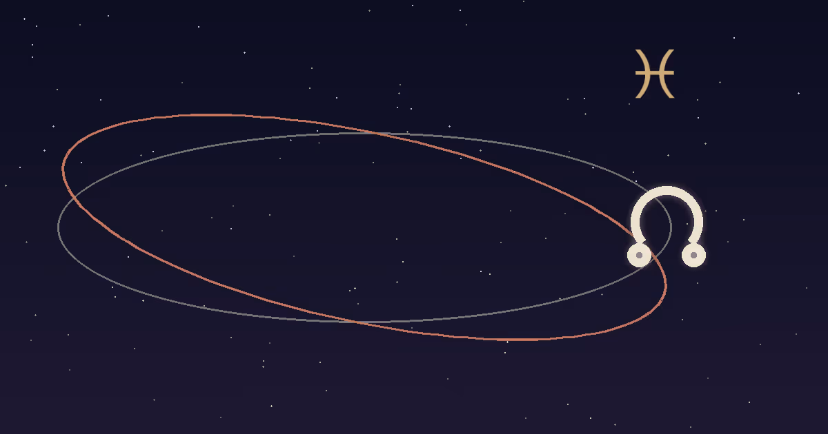 A cream node glyph dissolving toward gold ripples with a Pisces glyph above crossing orbital paths
