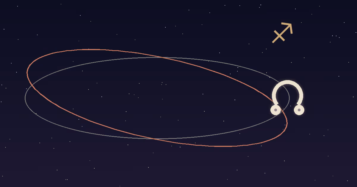 A cream node glyph with a gold Sagittarius glyph above crossing orbital ellipses