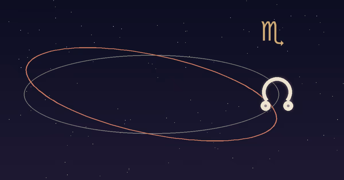 A cream node glyph with a gold Scorpio glyph above the crossing of two orbit lines