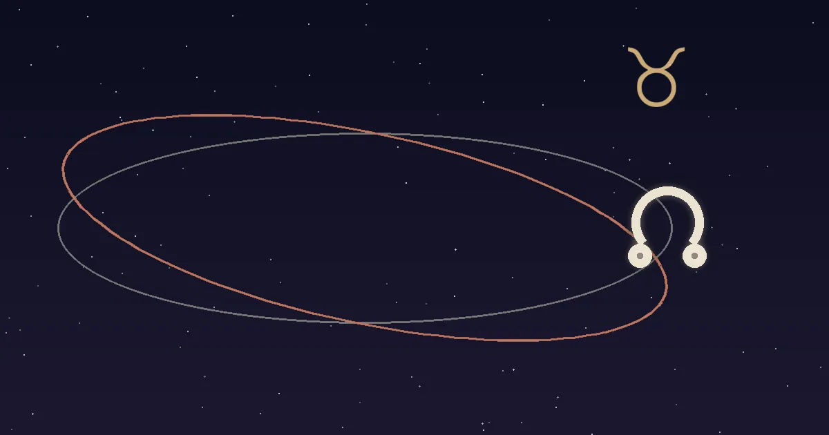A cream north-node horseshoe glyph at the intersection of a cream ecliptic line and a terracotta lunar orbit, a gold Taurus glyph above it on a navy starfield