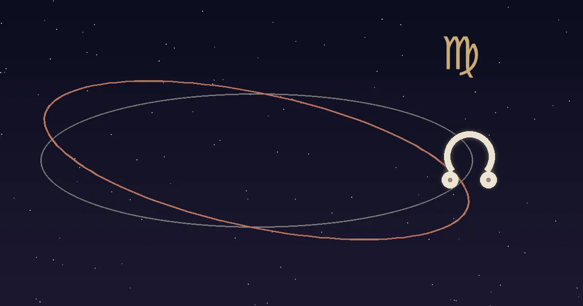 A cream north-node glyph where a cream ecliptic and terracotta lunar orbit intersect, a gold Virgo glyph above it on a navy starfield