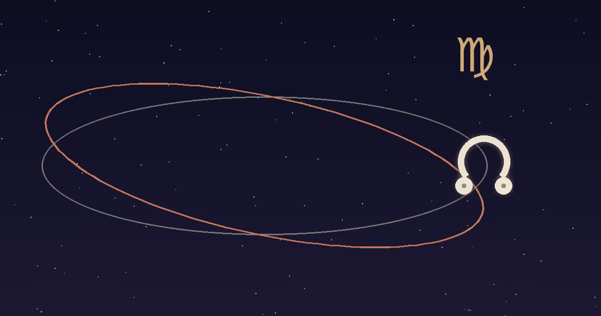 A cream node glyph with a gold Virgo glyph above the intersection of two orbit ellipses