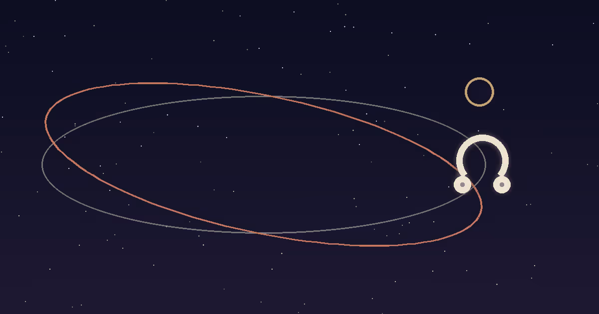Two orbital paths crossing on a navy starfield with a glowing node glyph and a gold eclipse ring at the crossing point