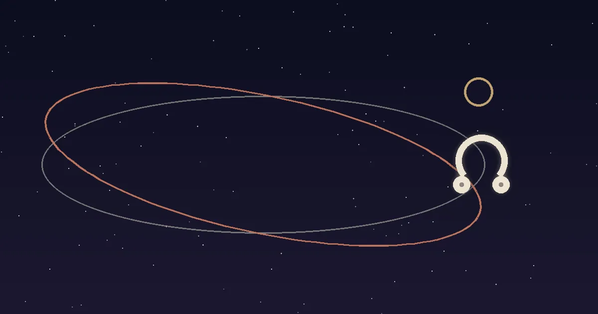 Two orbital paths crossing on a navy starfield — a cream ecliptic line and a terracotta lunar orbit intersecting at a marked ascending node with a small gold eclipse disc at the crossing point — illustrating what the north node is