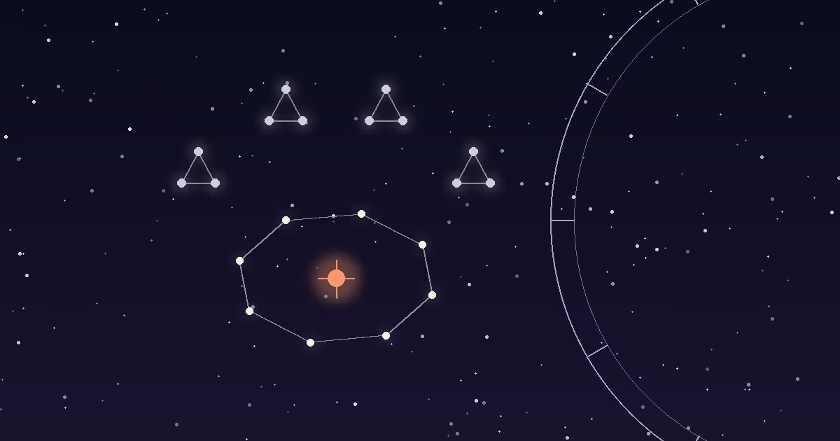 A paw print drawn as a constellation of cream and lavender stars with a terracotta Sun at the centre of the pad, beside a thin partial zodiac wheel on a navy starfield