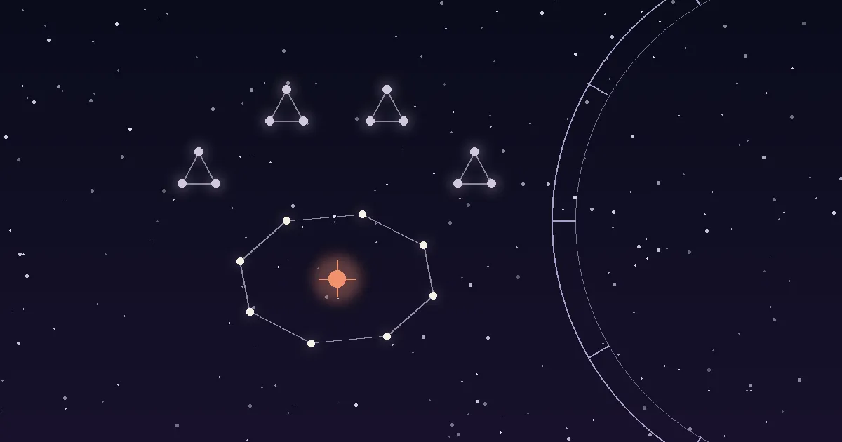 A paw print drawn as a constellation of cream and lavender stars with a terracotta Sun at the centre of the pad, beside a thin partial zodiac wheel on a navy starfield