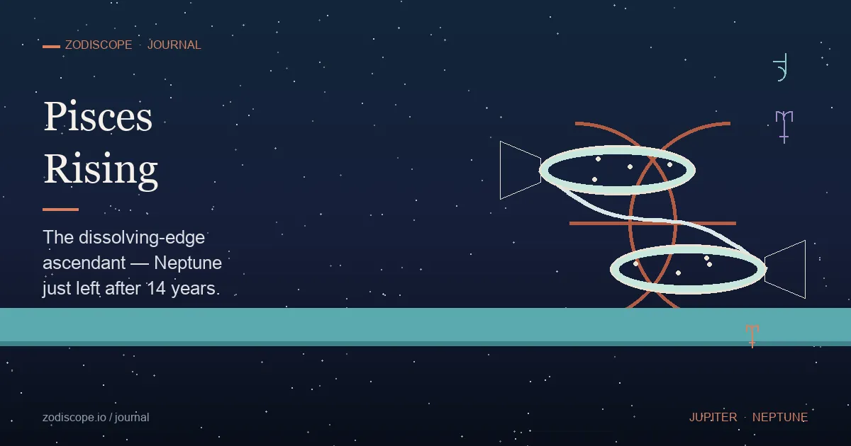 A soft sea-green and pearl horizon with the Pisces two-fish constellation rising — twin fish swimming in opposite directions tied by a translucent silver cord, the Pisces glyph traced in luminous terracotta against a misty aqua-violet sky, with Jupiter and Neptune glyphs flanking the constellation, illustrating the dissolving-boundary persona of a Pisces rising sign