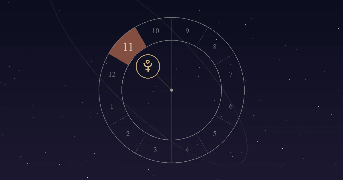 A birth chart wheel with the 11th house, high on the left, filled in terracotta and the Pluto symbol inside it