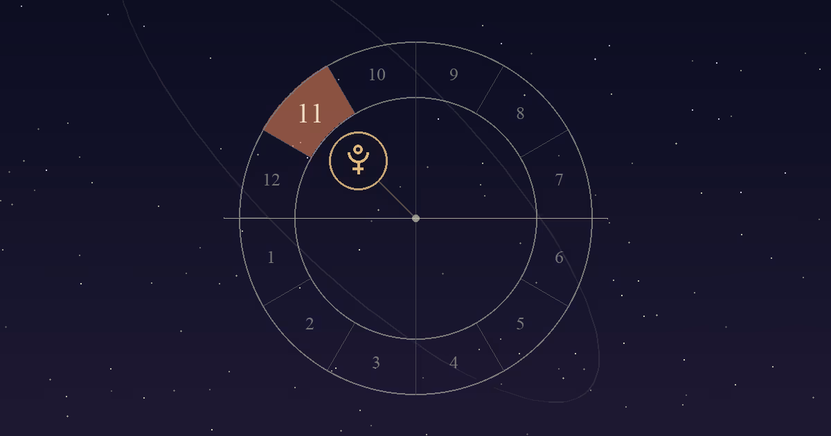 A birth chart wheel with the 11th house, high on the left, filled in terracotta and the Pluto symbol inside it