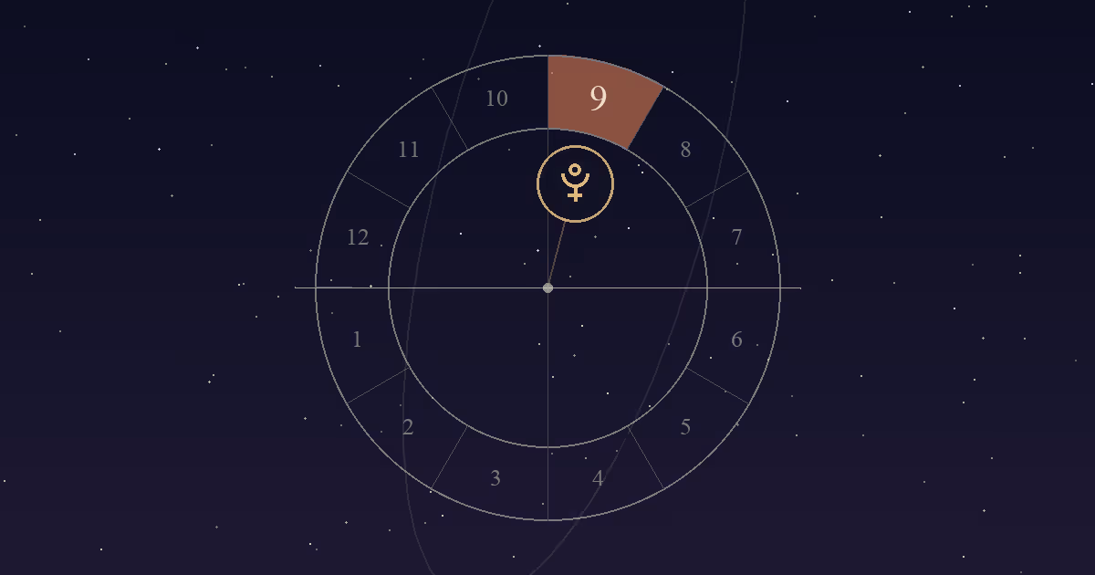 Chart wheel with the 9th house, just below the top of the chart, filled terracotta, and the Pluto symbol inside that house