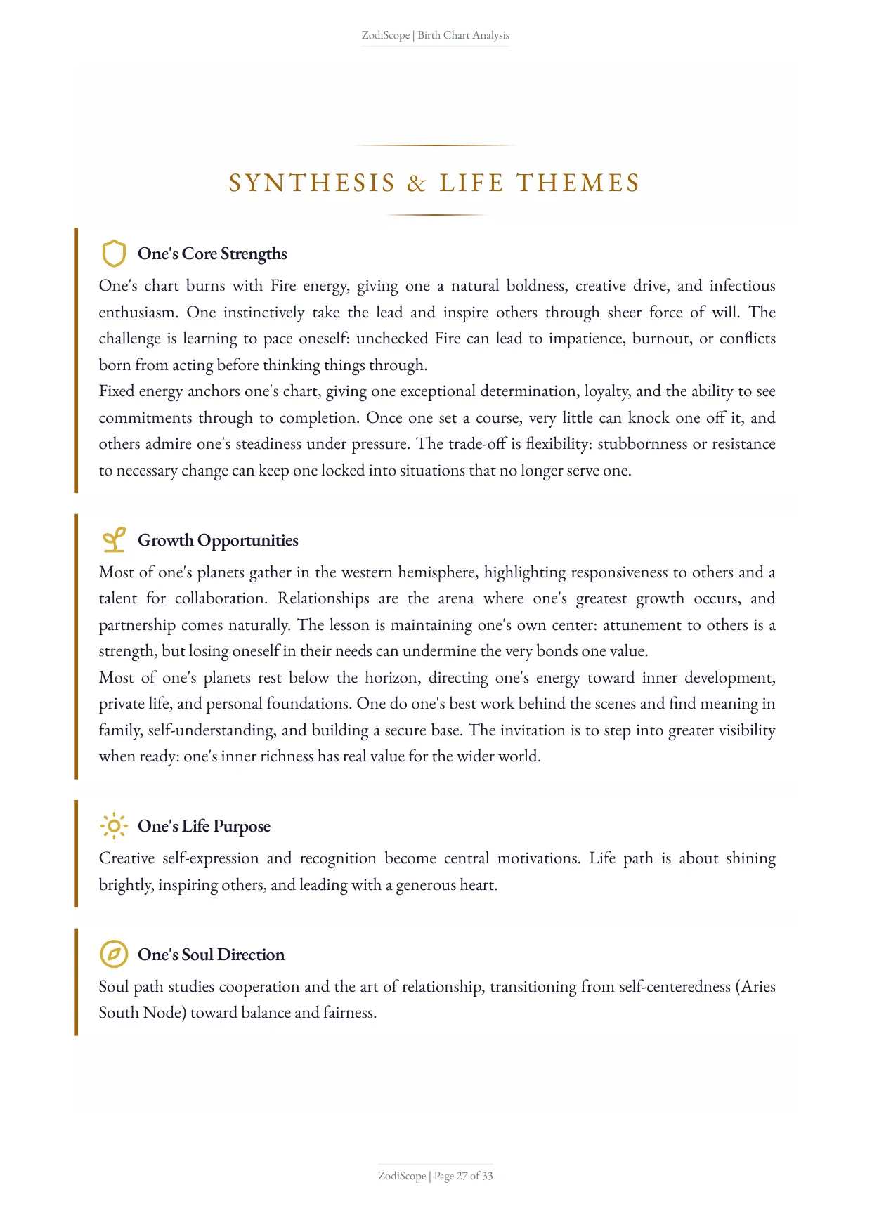 Report page with the synthesis and life themes section — core strengths, growth opportunities, and life purpose