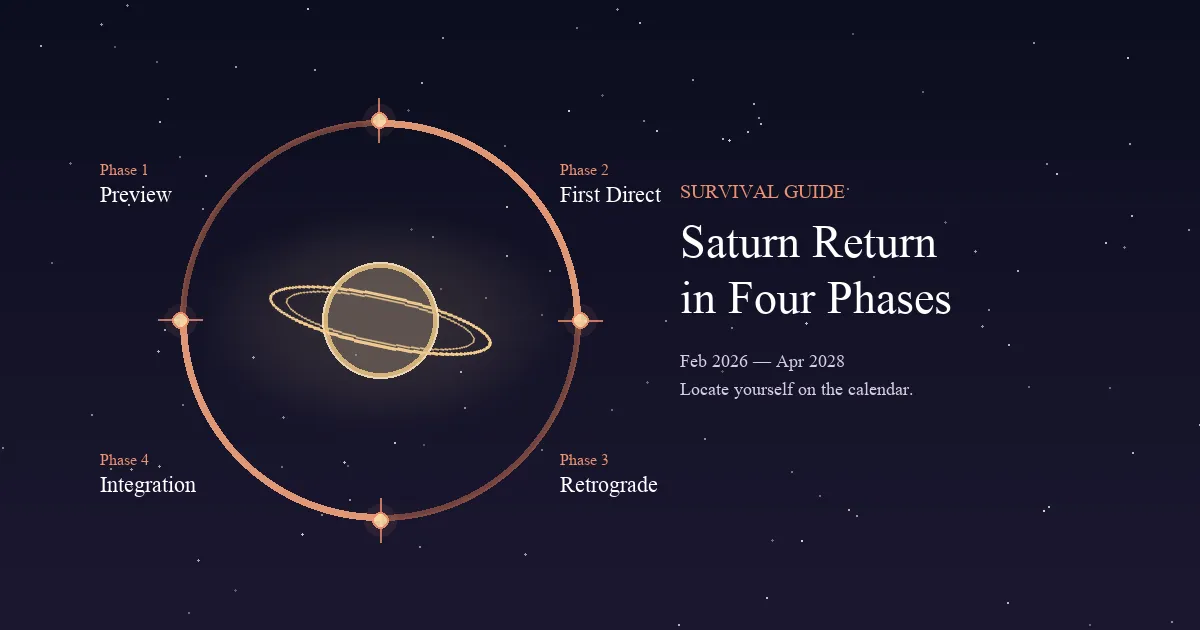 A ringed Saturn at the centre of a four-quadrant phase wheel traced in luminous terracotta — the four quadrants labelled Phase 1 Preview, Phase 2 First Direct, Phase 3 Retrograde, Phase 4 Integration, with bright terracotta station-markers at the four cardinal points where Saturn turns direct or retrograde — set against a deep navy starfield, illustrating the phase-by-phase survival framework for a Saturn return