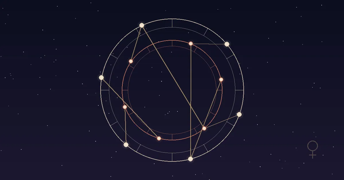 Two natal chart wheels overlaid against a deep navy sky — one inner ring in warm terracotta, one outer ring in cool cream — with luminous gold lines tracing aspect connections between the planets across both charts, illustrating how a synastry reading compares two complete birth charts as a single relational system