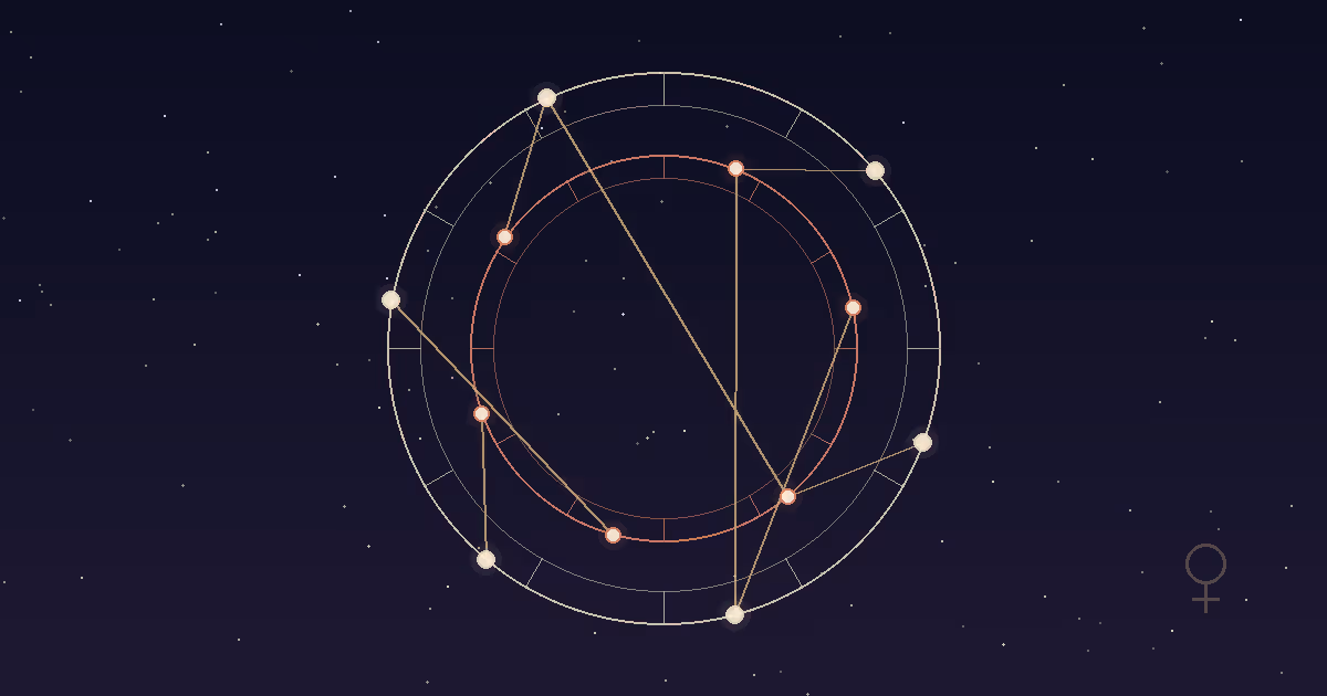 Two natal chart wheels overlaid against a deep navy sky — one inner ring in warm terracotta, one outer ring in cool cream — with luminous gold lines tracing aspect connections between the planets across both charts, illustrating how a synastry reading compares two complete birth charts as a single relational system