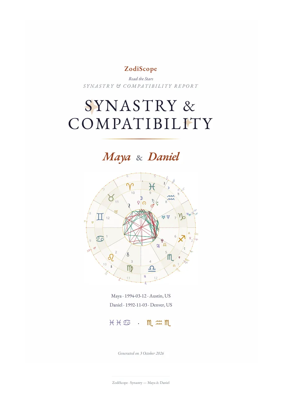 Example report cover for two sample people, Maya and Daniel, with a chart wheel