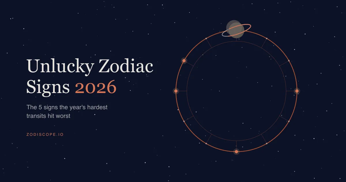 A terracotta chart-wheel ring against a deep navy starfield with five zodiac glyphs — Aries, Libra, Cancer, Capricorn and Aquarius — lit brightest where 2026's hard transits land, a slate Saturn ring lowering onto the Aries point and two faint eclipse shadows on the Leo–Aquarius axis, illustrating the zodiac signs most affected by the 2026 transits