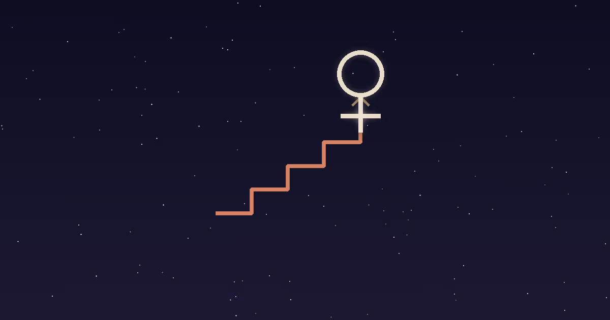 A cream Venus glyph at the summit of a stepped terracotta slope with a gold mark at the peak, on a navy starfield — Venus culminating at the top of the chart, illustrating Venus in the 10th house of career and public reputation