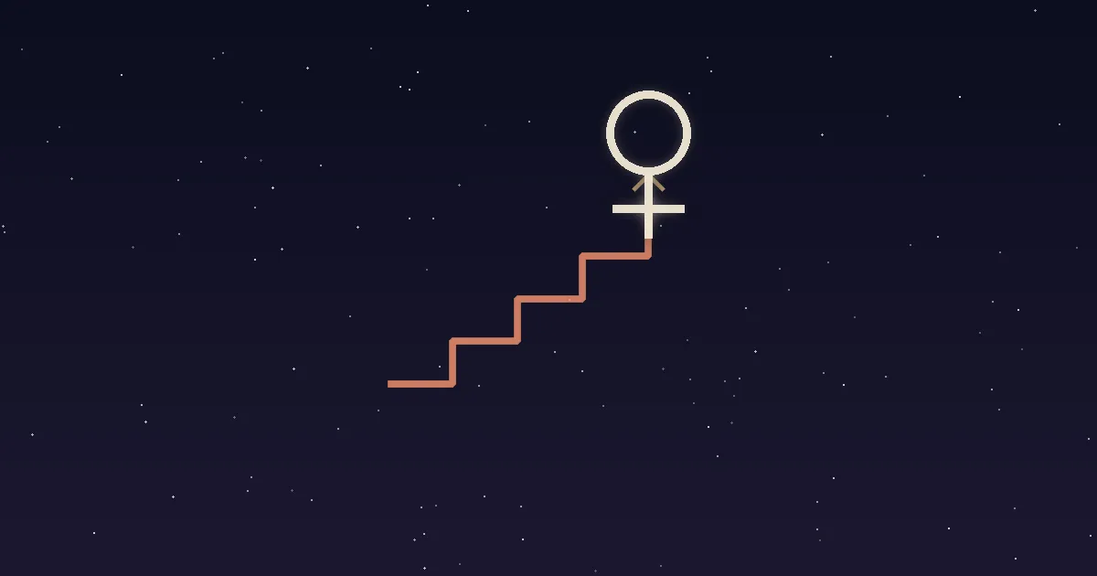 A cream Venus glyph at the summit of a stepped terracotta slope with a gold mark at the peak, on a navy starfield — Venus culminating at the top of the chart, illustrating Venus in the 10th house of career and public reputation