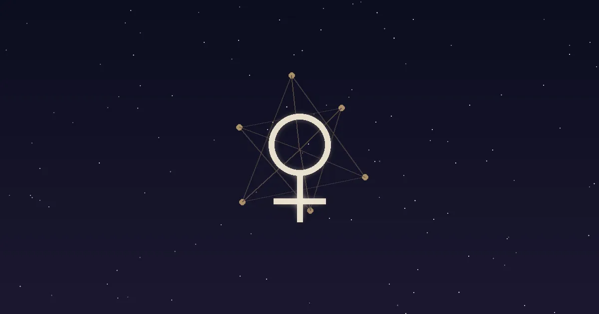 A cream Venus glyph shining as the brightest node in a small gold constellation network on a navy starfield — illustrating Venus in the 11th house, the placement that loves through friendship