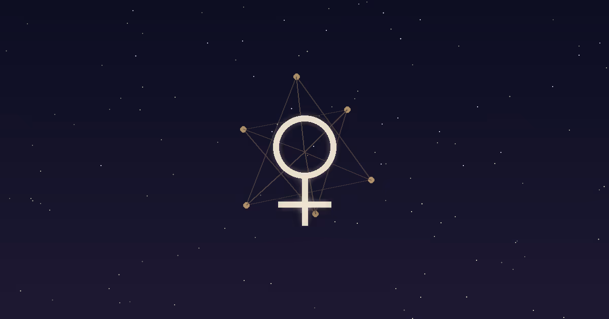 A cream Venus glyph shining as the brightest node in a small gold constellation network on a navy starfield — illustrating Venus in the 11th house, the placement that loves through friendship