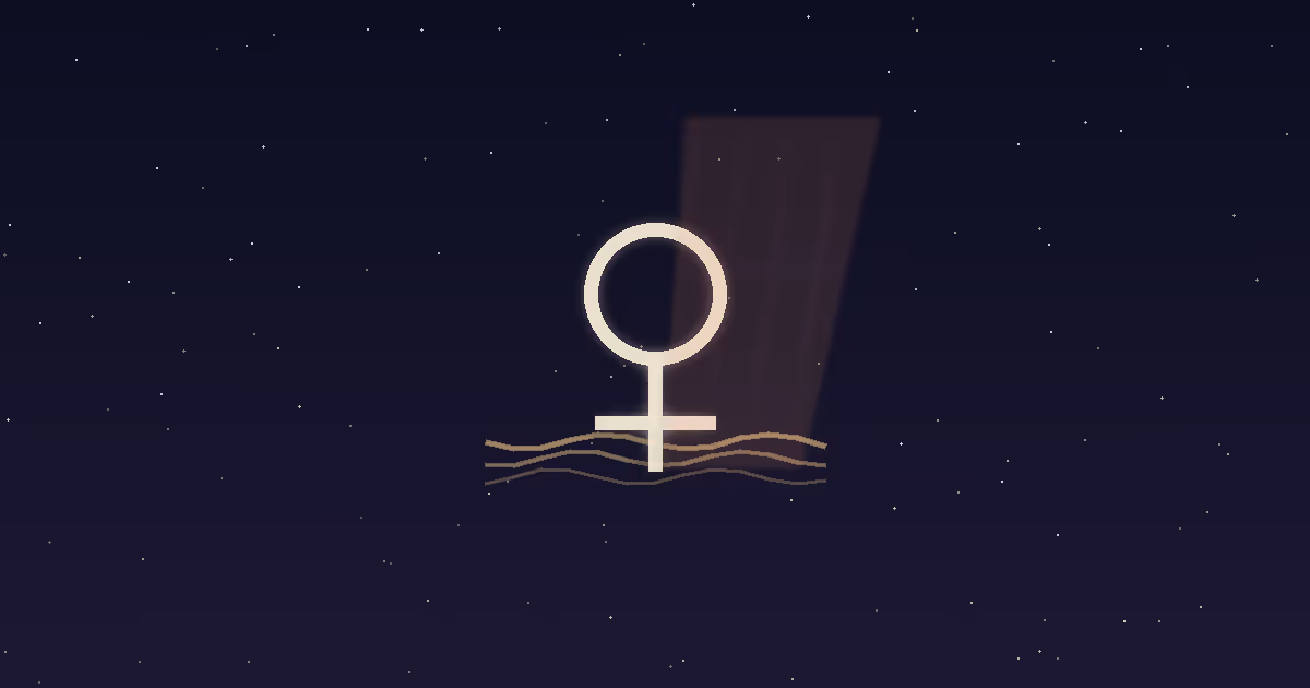 A cream Venus glyph half-veiled behind a translucent terracotta curtain, with fine gold water-lines rippling below it on a navy starfield — illustrating the hidden, oceanic love of Venus in the 12th house