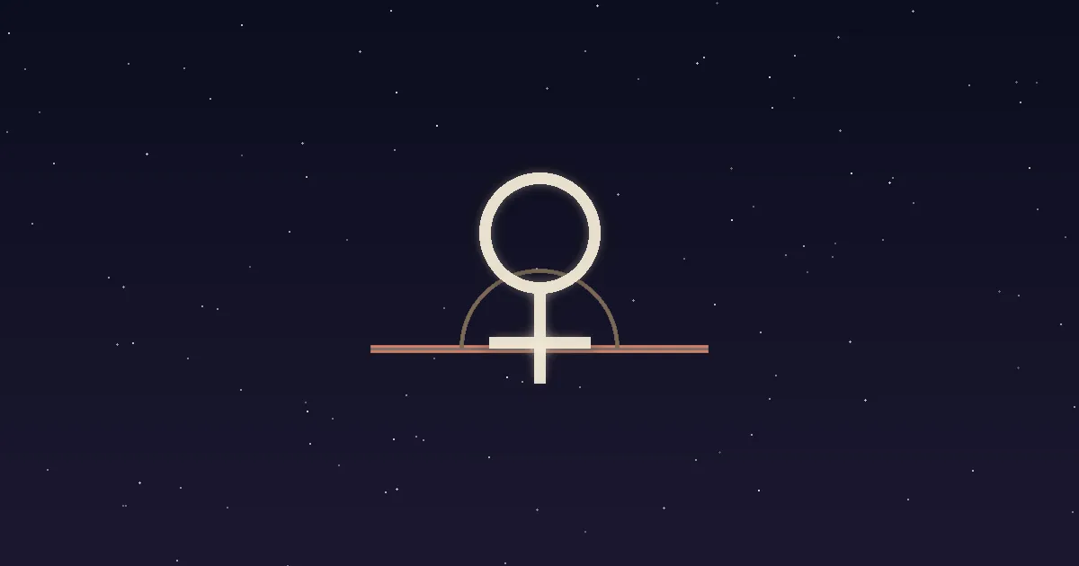A cream Venus glyph rising over a terracotta horizon line marking the ascendant, set against a navy starfield — Venus in the 1st house of the birth chart