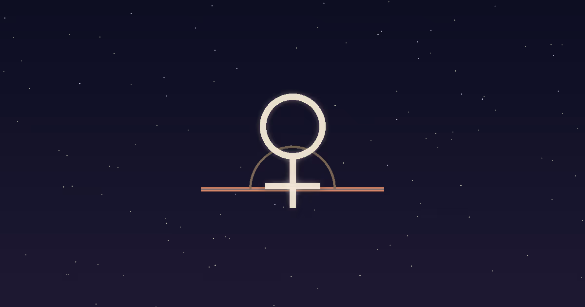 A cream Venus glyph rising over a terracotta horizon line marking the ascendant, set against a navy starfield — Venus in the 1st house of the birth chart