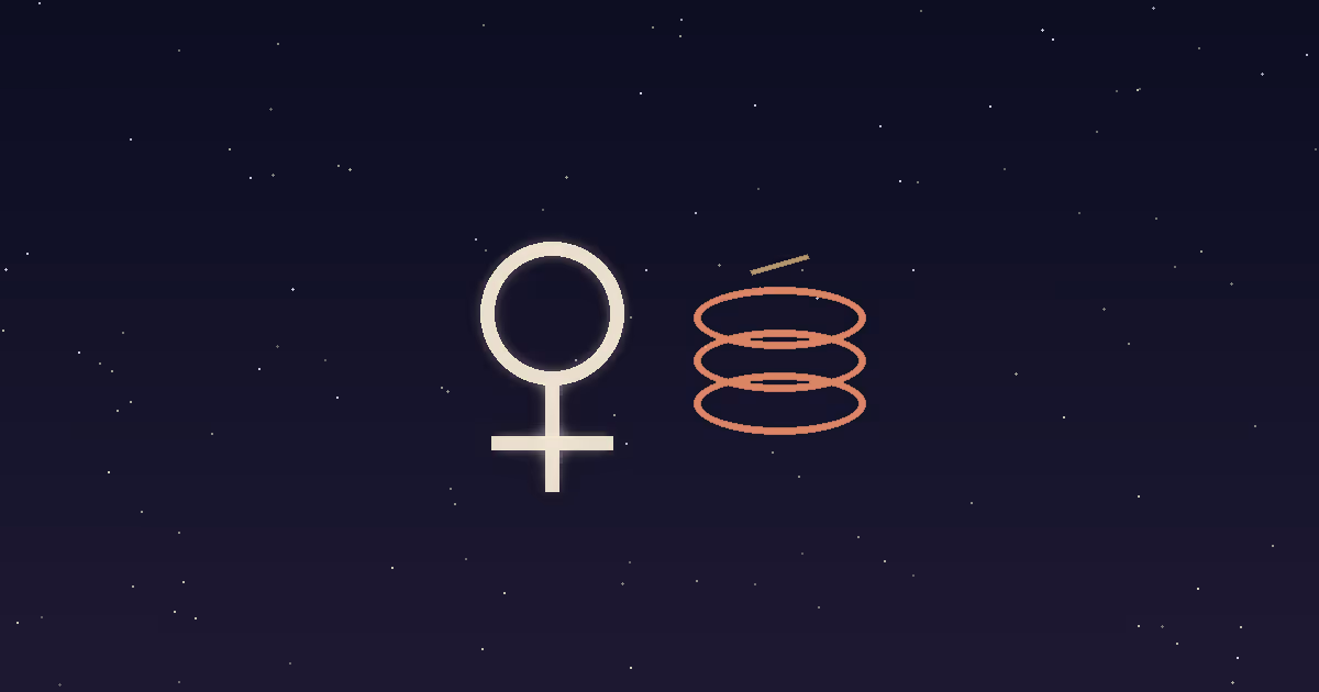 A cream Venus glyph beside three stacked terracotta coins with a gold gleam on a navy starfield — illustrating Venus in the 2nd house, the money placement of the birth chart