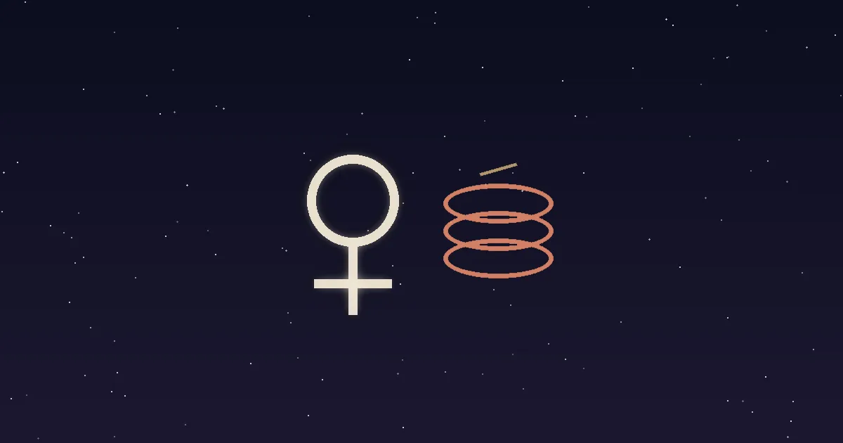 A cream Venus glyph beside three stacked terracotta coins with a gold gleam on a navy starfield — illustrating Venus in the 2nd house, the money placement of the birth chart
