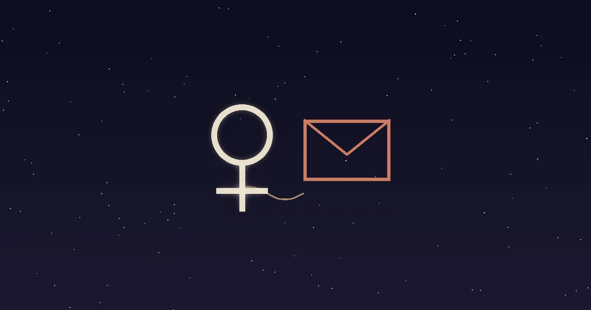 A cream Venus glyph beside a terracotta envelope with a gold script line trailing from it on a navy starfield — illustrating Venus in the 3rd house, the placement that loves through words
