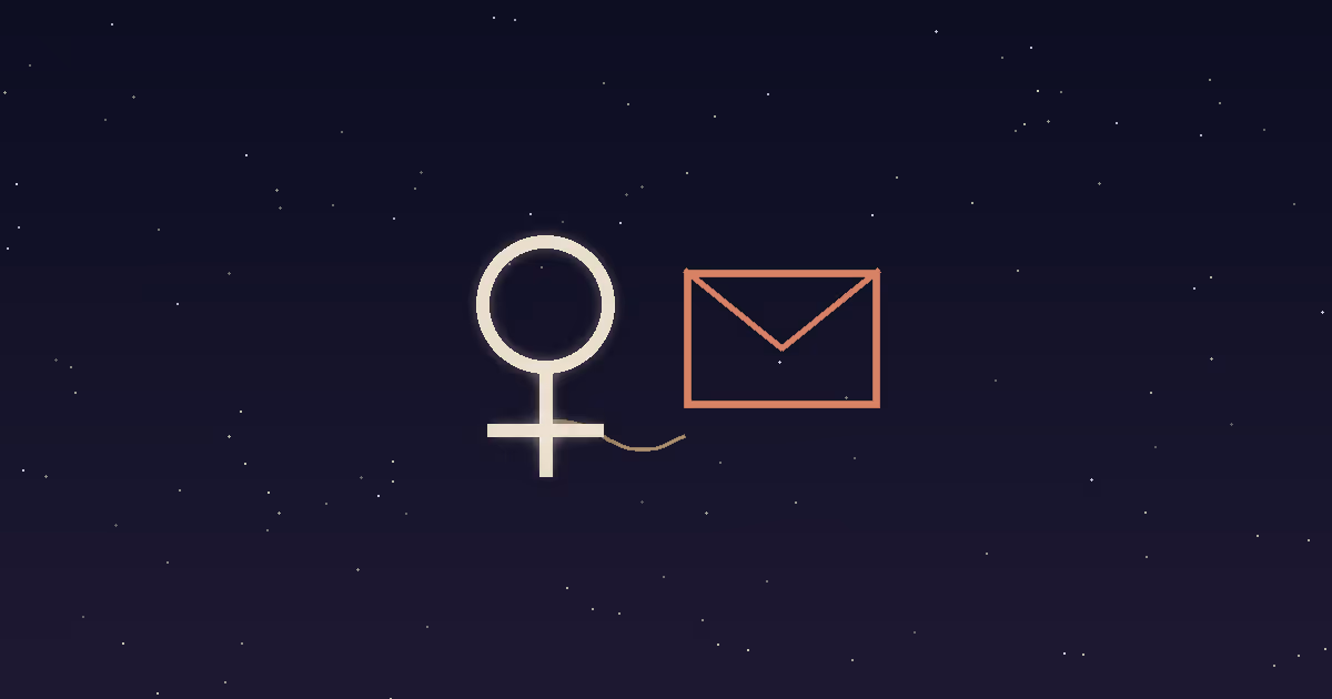 A cream Venus glyph beside a terracotta envelope with a gold script line trailing from it on a navy starfield — illustrating Venus in the 3rd house, the placement that loves through words