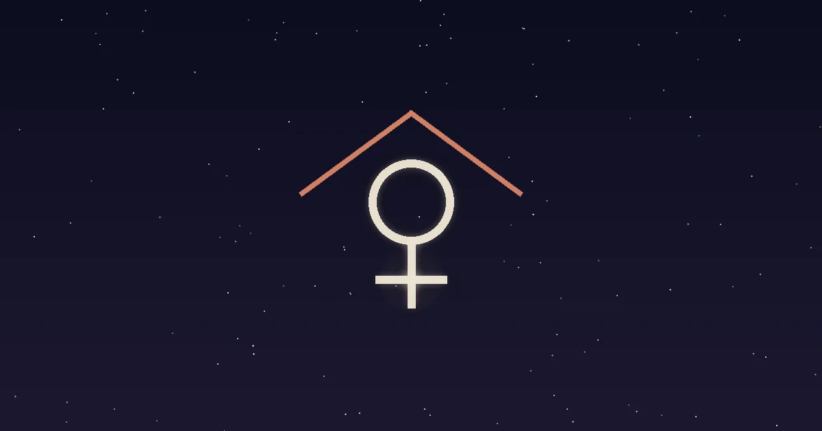 A cream Venus glyph sheltered under a terracotta roofline with a small gold hearth-glow at its base on a navy starfield — Venus in the 4th house, the placement where home is the love language