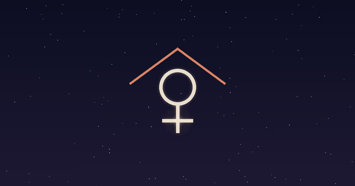 A cream Venus glyph sheltered under a terracotta roofline with a small gold hearth-glow at its base on a navy starfield — Venus in the 4th house, the placement where home is the love language