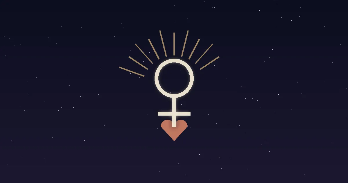 A cream Venus glyph radiating thin gold theater-spotlight rays, with a small terracotta heart below it on a navy starfield — illustrating Venus in the 5th house, the house of her traditional joy