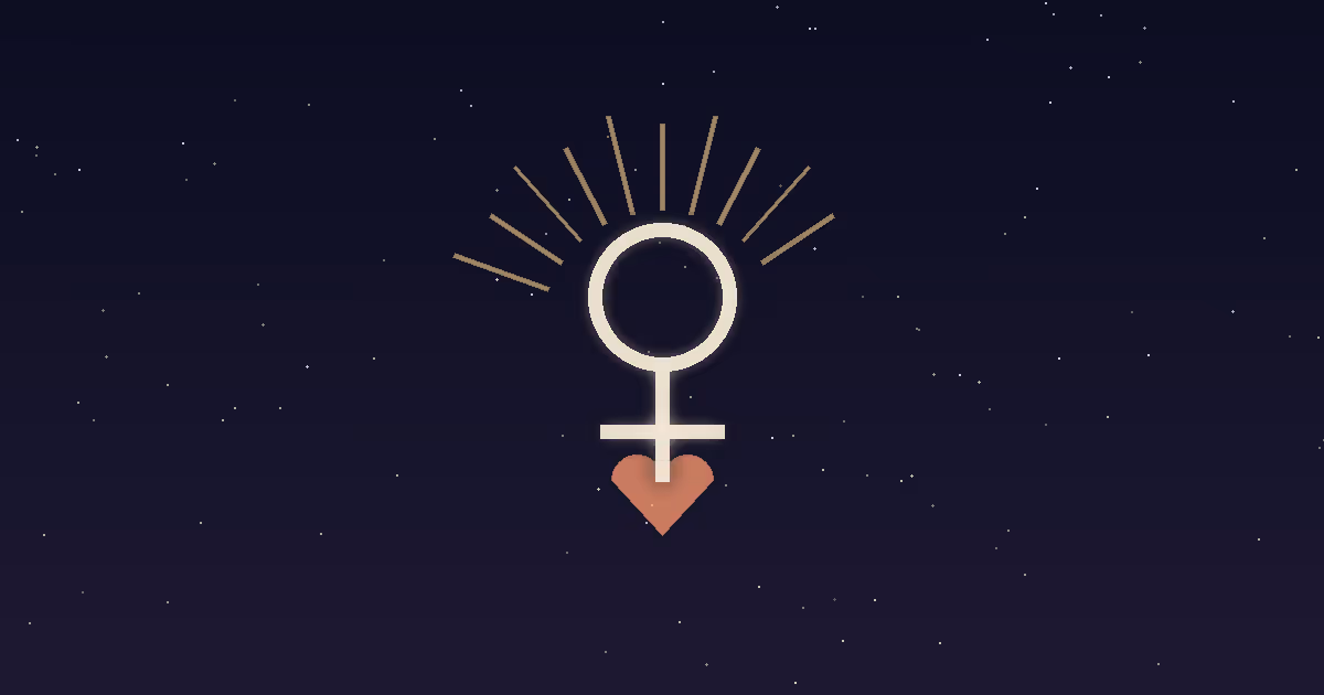 A cream Venus glyph radiating thin gold theater-spotlight rays, with a small terracotta heart below it on a navy starfield — illustrating Venus in the 5th house, the house of her traditional joy