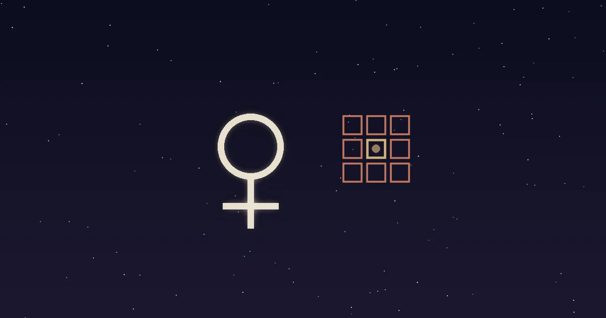 A cream Venus glyph inside a neat terracotta grid of squares with one square blooming gold on a navy starfield — illustrating Venus in the 6th house, where love and beauty live inside daily routine