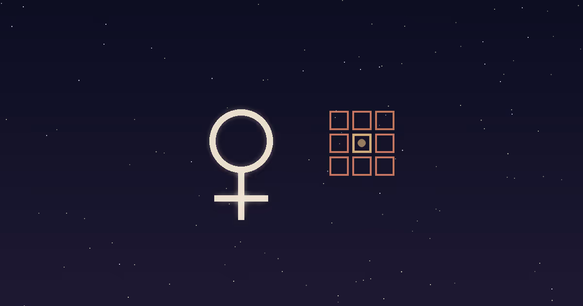 A cream Venus glyph inside a neat terracotta grid of squares with one square blooming gold on a navy starfield — illustrating Venus in the 6th house, where love and beauty live inside daily routine