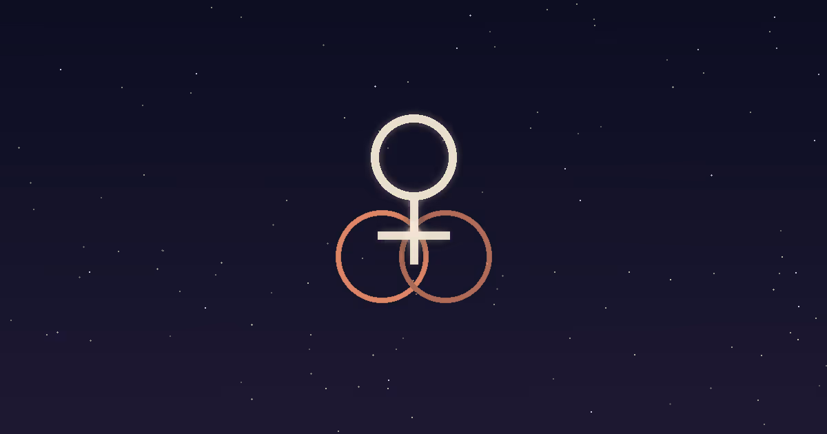 A cream Venus glyph set between two interlocked terracotta rings on a navy starfield — illustrating Venus in the 7th house, the marriage-house placement
