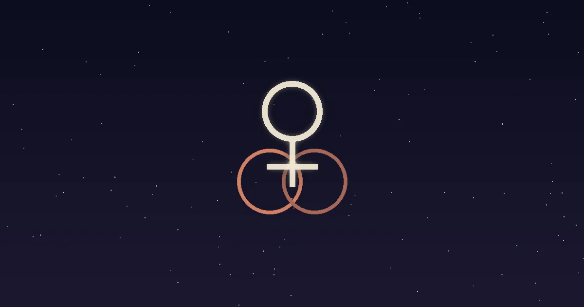 A cream Venus glyph set between two interlocked terracotta rings on a navy starfield — illustrating Venus in the 7th house, the marriage-house placement
