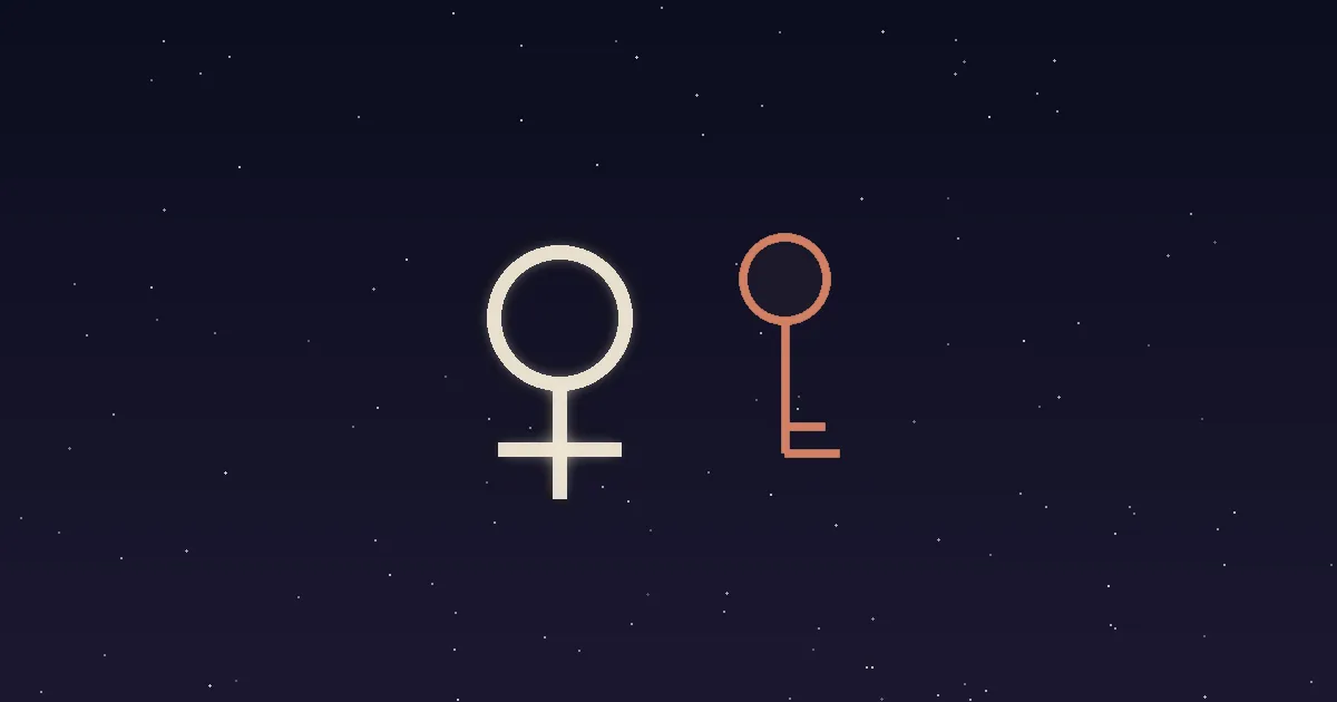 A cream Venus glyph beside a terracotta key with a warm gold glow radiating from its keyhole, set on a deep navy starfield — illustrating Venus in the 8th house of sex, shared money, and inheritance