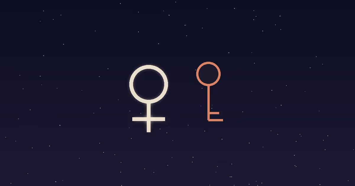 A cream Venus glyph beside a terracotta key with a warm gold glow radiating from its keyhole, set on a deep navy starfield — illustrating Venus in the 8th house of sex, shared money, and inheritance