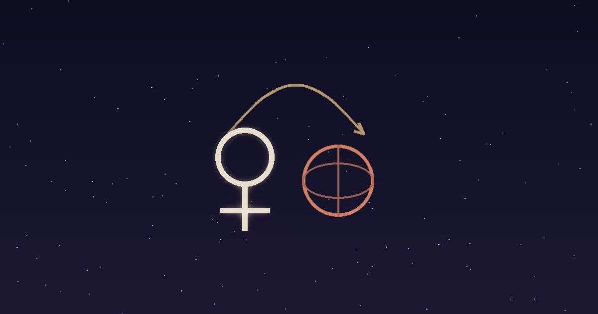 A cream Venus glyph with a gold arrow arcing over a small terracotta globe marked with meridian lines, set on a navy starfield — illustrating Venus in the 9th house and love across distance, borders, and beliefs